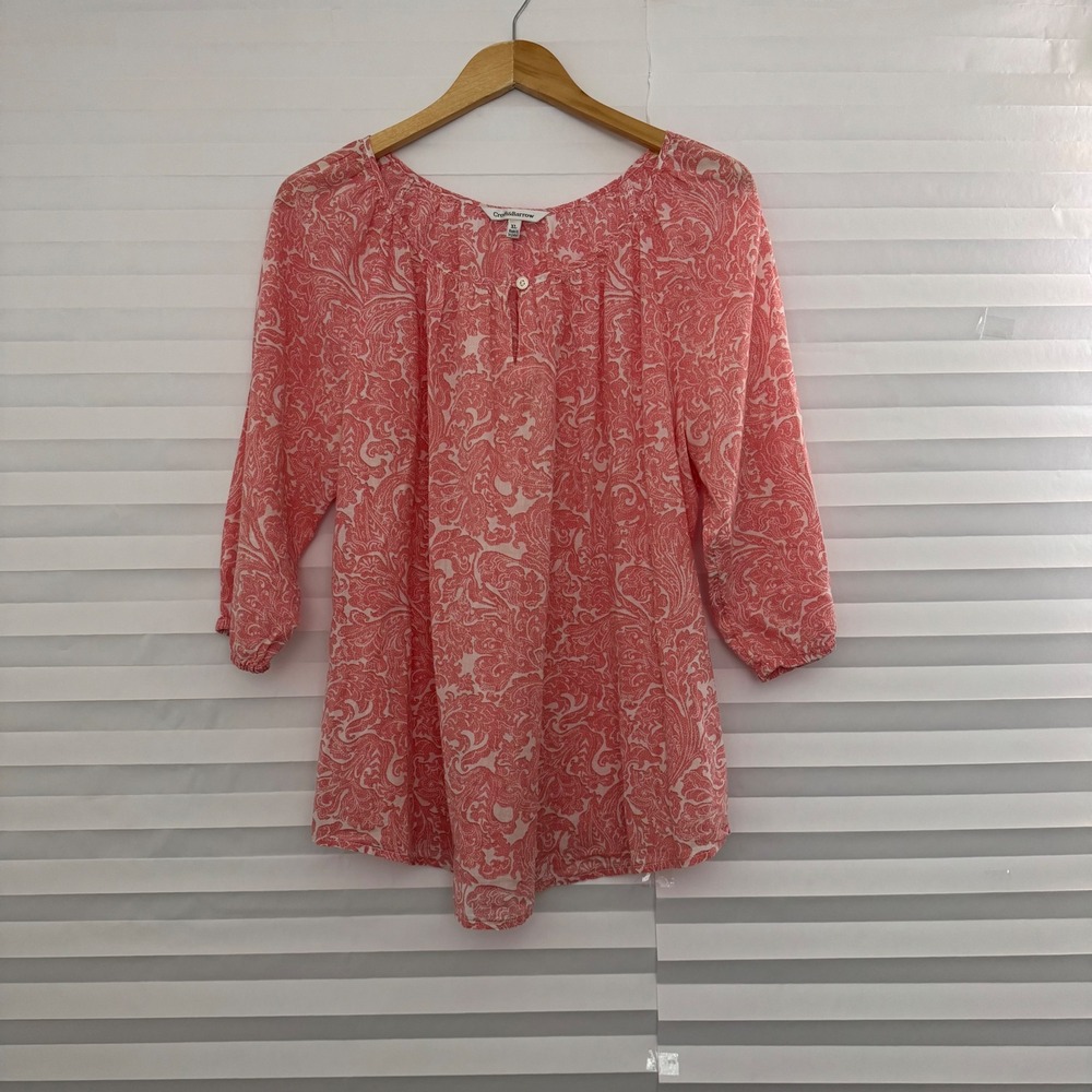 Croft & Barrow Womens XL Pink Paisley 100% Cotton 3/4 Sleeve‎ Keyhole Blouse